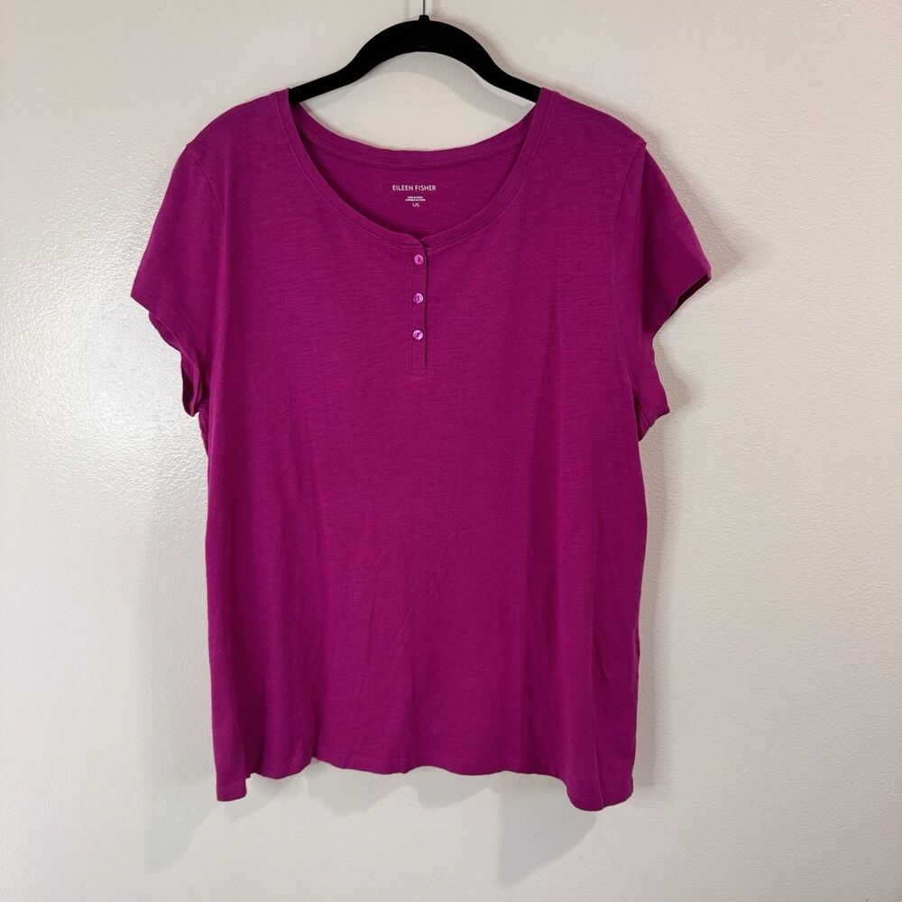 Eileen Fisher T-shirt Blouse L 100% Organic Cotton Fuschia Pink Purple Henley